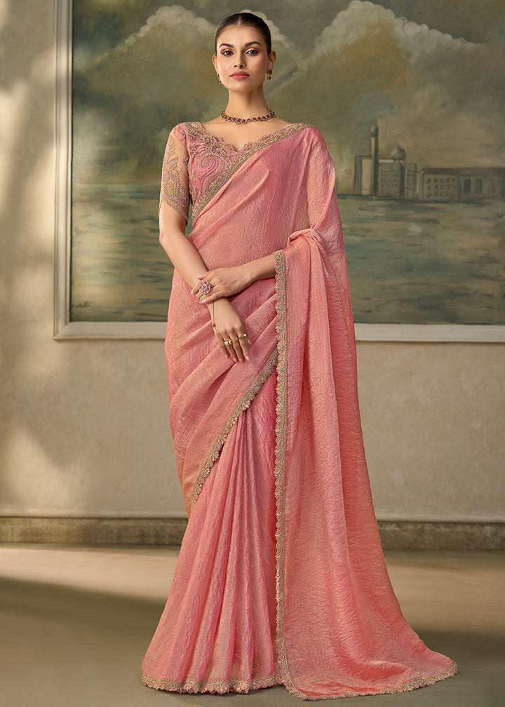 Buy Now Peach Pink Embroidered Designer Party Wear Saree Online in US, UK, Canada, France, Germany, Denmark, Sweden, Italy, Greece &amp; Worldwide at Empress.