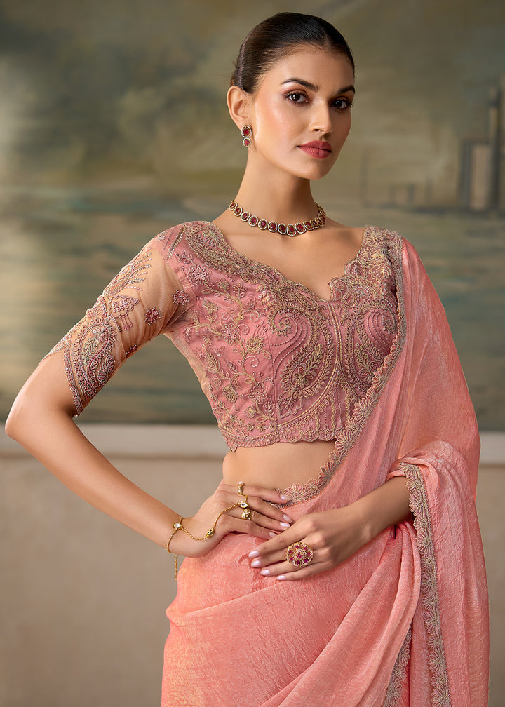 Buy Now Peach Pink Embroidered Designer Party Wear Saree Online in US, UK, Canada, France, Germany, Denmark, Sweden, Italy, Greece &amp; Worldwide at Empress.