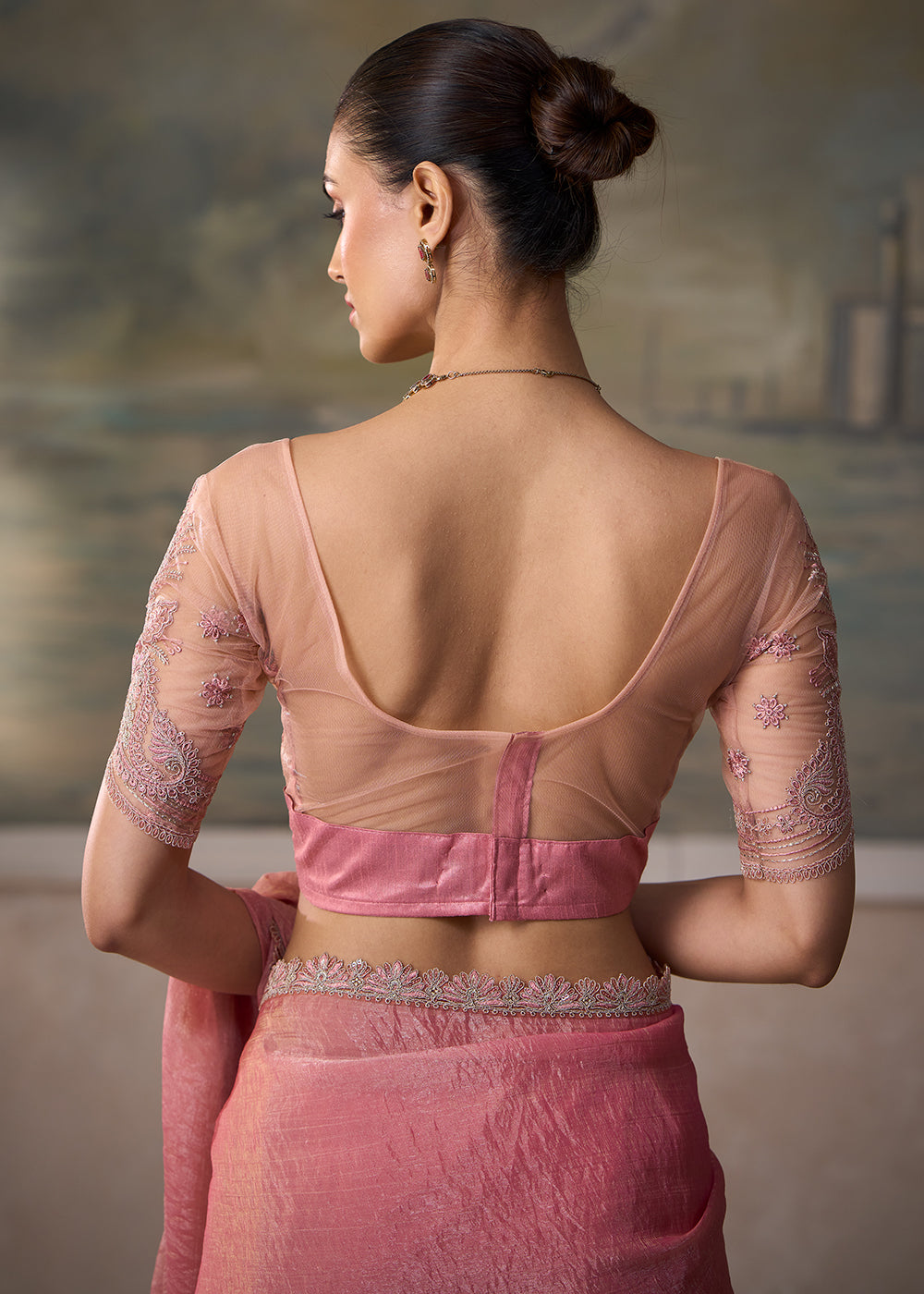 Buy Now Peach Pink Embroidered Designer Party Wear Saree Online in US, UK, Canada, France, Germany, Denmark, Sweden, Italy, Greece &amp; Worldwide at Empress.