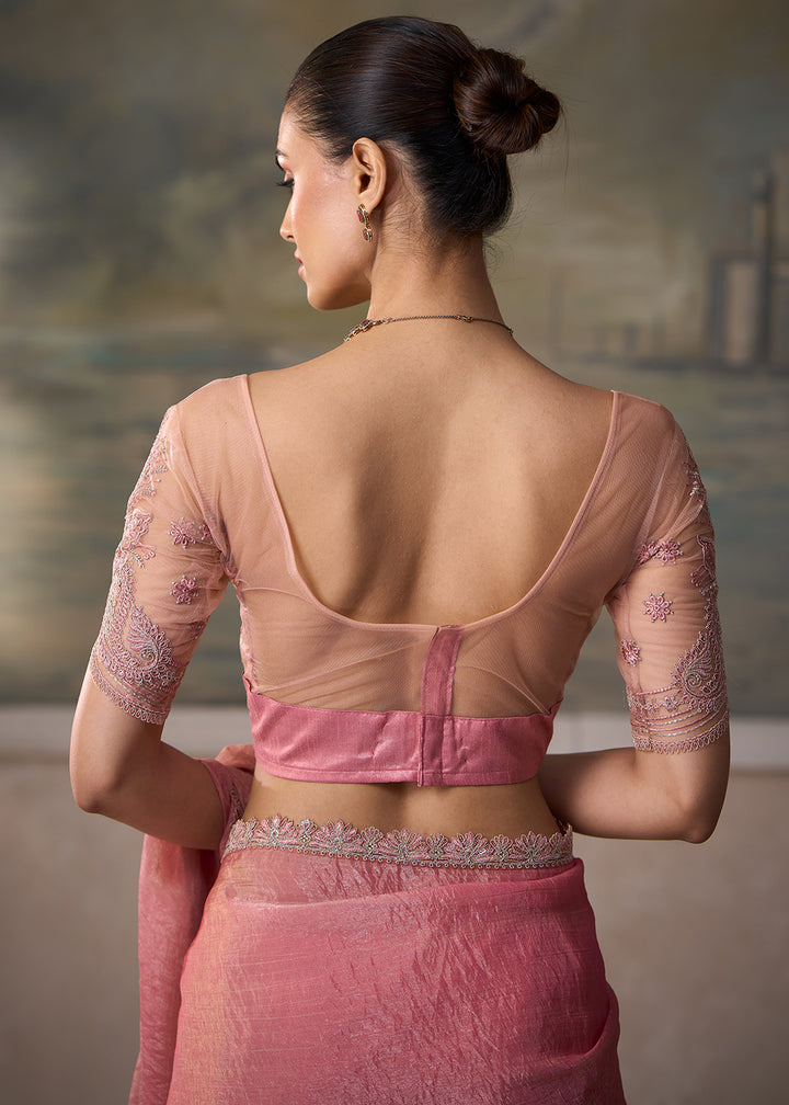 Buy Now Peach Pink Embroidered Designer Party Wear Saree Online in US, UK, Canada, France, Germany, Denmark, Sweden, Italy, Greece &amp; Worldwide at Empress.