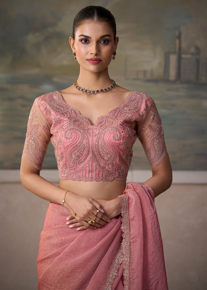 Buy Now Peach Pink Embroidered Designer Party Wear Saree Online in US, UK, Canada, France, Germany, Denmark, Sweden, Italy, Greece &amp; Worldwide at Empress.