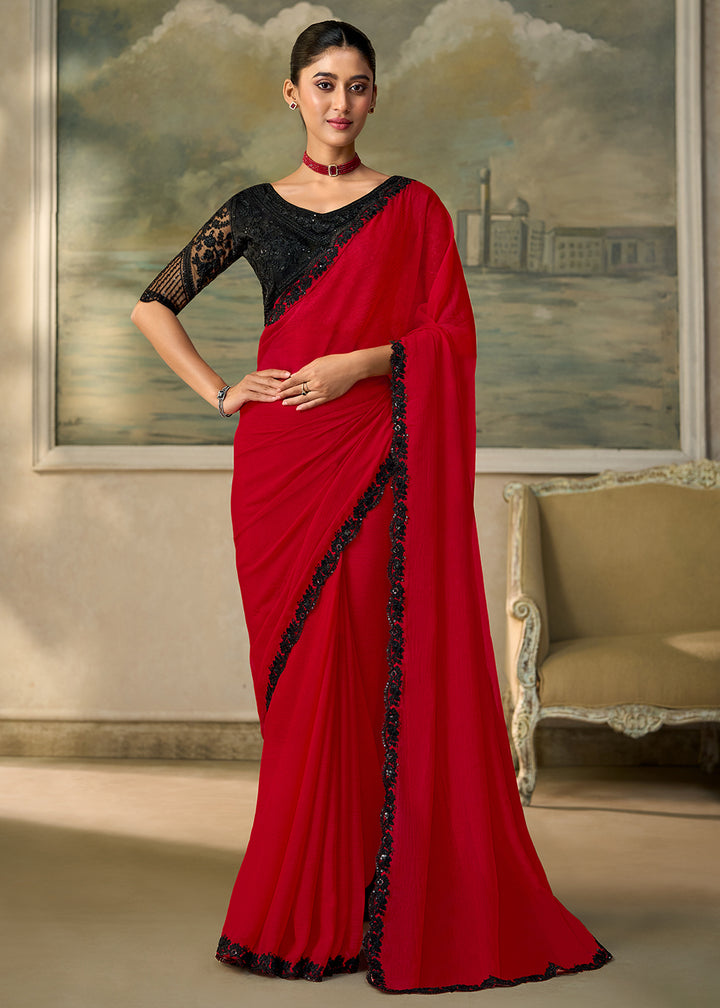 Buy Now Blood Red Embroidered Designer Party Wear Saree Online in US, UK, Canada, France, Germany, Denmark, Sweden, Italy, Greece, UAE &amp; Worldwide at Empress.