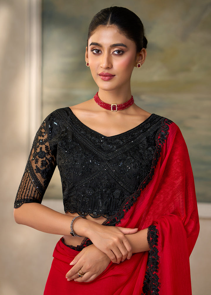 Buy Now Blood Red Embroidered Designer Party Wear Saree Online in US, UK, Canada, France, Germany, Denmark, Sweden, Italy, Greece, UAE &amp; Worldwide at Empress.