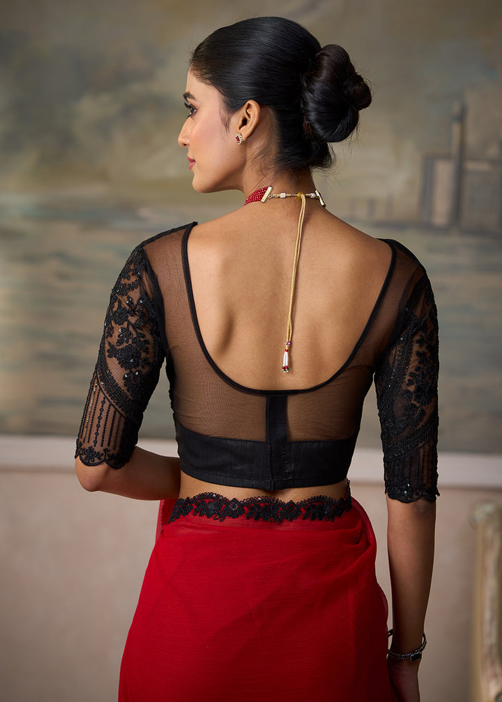 Buy Now Blood Red Embroidered Designer Party Wear Saree Online in US, UK, Canada, France, Germany, Denmark, Sweden, Italy, Greece, UAE &amp; Worldwide at Empress.