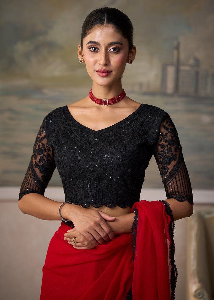 Buy Now Blood Red Embroidered Designer Party Wear Saree Online in US, UK, Canada, France, Germany, Denmark, Sweden, Italy, Greece, UAE &amp; Worldwide at Empress.