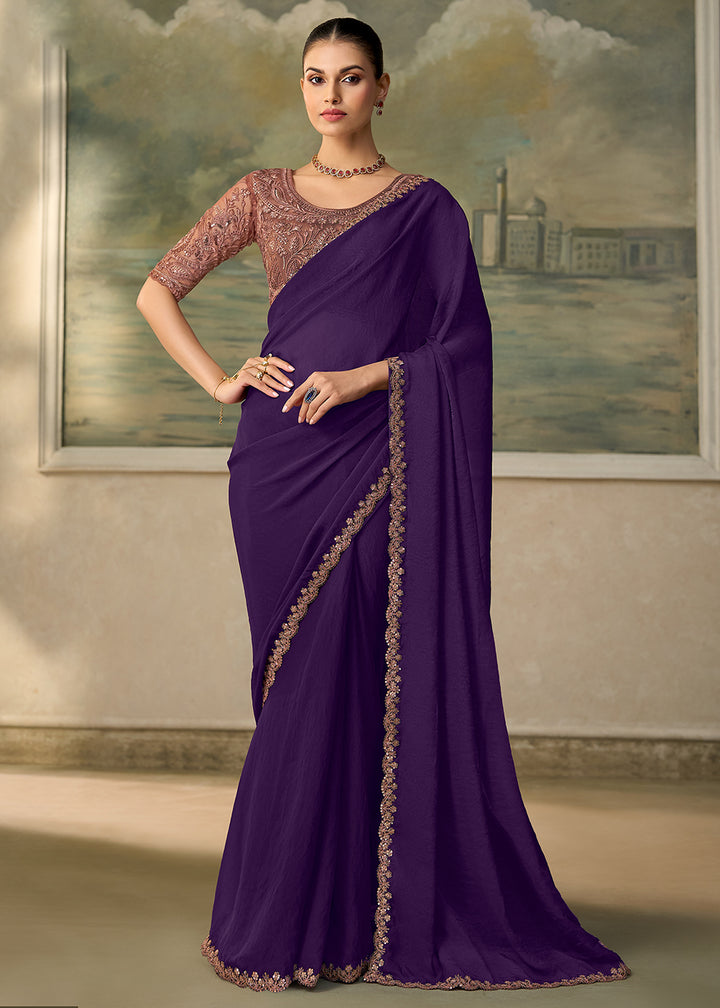 Buy Now Mulberry Purple Embroidered Designer Party Wear Saree Online in US, UK, Canada, France, Germany, Denmark, Sweden, Italy, Greece &amp; Worldwide at Empress.