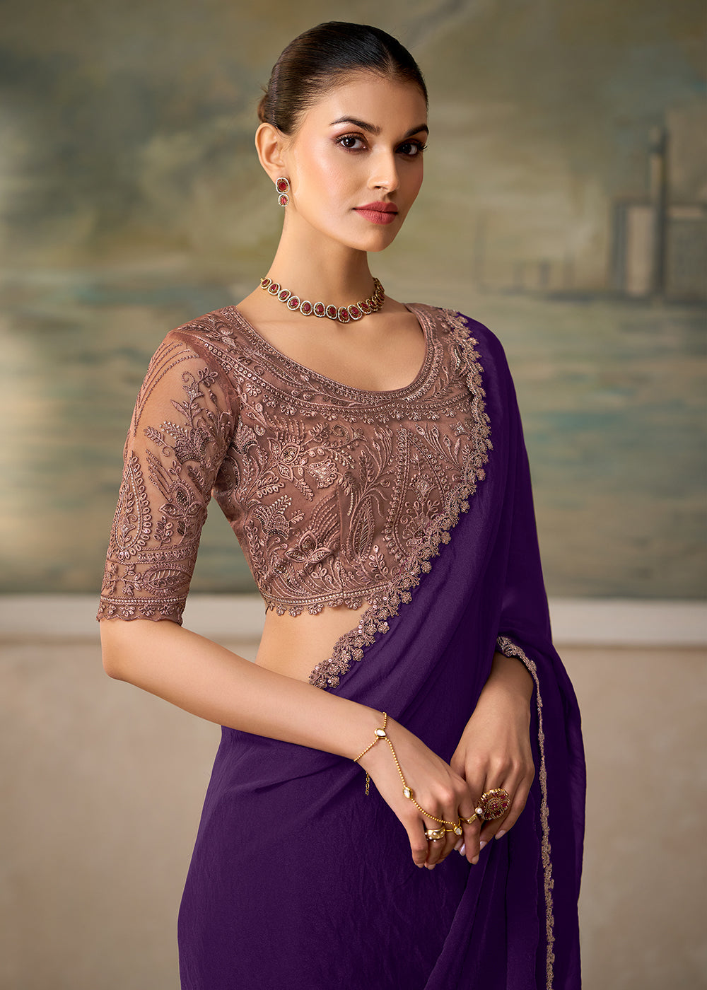 Buy Now Mulberry Purple Embroidered Designer Party Wear Saree Online in US, UK, Canada, France, Germany, Denmark, Sweden, Italy, Greece & Worldwide at Empress.