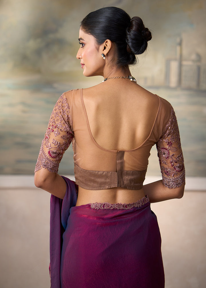 Buy Now Mulberry Purple Embroidered Designer Party Wear Saree Online in US, UK, Canada, France, Germany, Denmark, Sweden, Italy, Greece &amp; Worldwide at Empress.