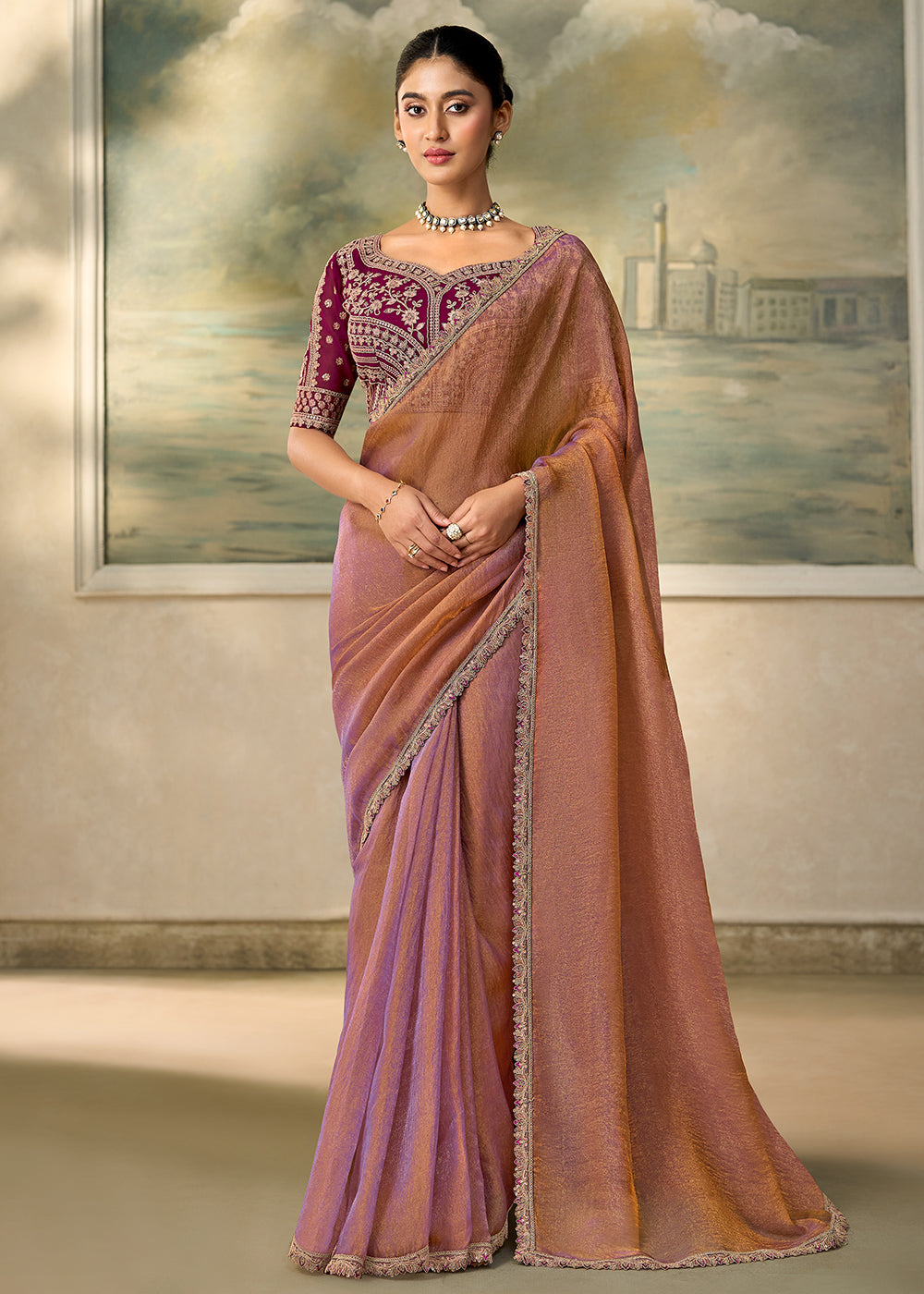 Buy Now Soft Brown Embroidered Designer Party Wear Saree Online in US, UK, Canada, France, Germany, Denmark, Sweden, Italy, Greece, UAE &amp; Worldwide at Empress.