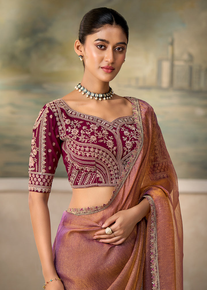 Buy Now Soft Brown Embroidered Designer Party Wear Saree Online in US, UK, Canada, France, Germany, Denmark, Sweden, Italy, Greece, UAE &amp; Worldwide at Empress.