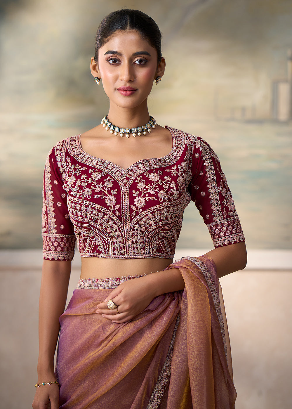 Buy Now Soft Brown Embroidered Designer Party Wear Saree Online in US, UK, Canada, France, Germany, Denmark, Sweden, Italy, Greece, UAE &amp; Worldwide at Empress.