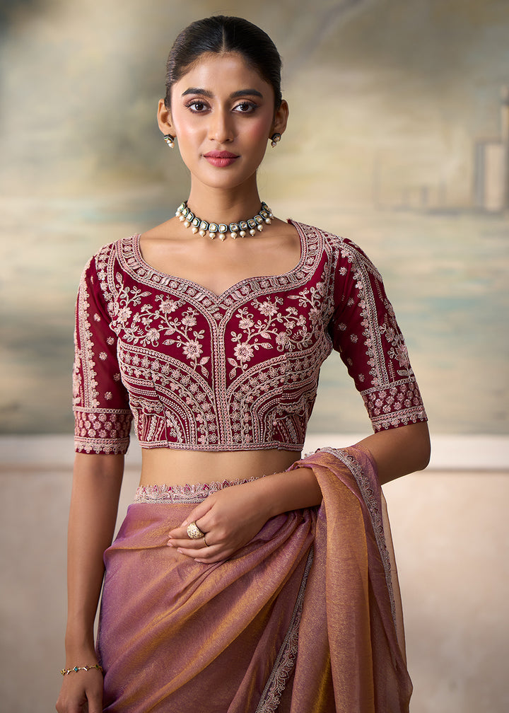Buy Now Soft Brown Embroidered Designer Party Wear Saree Online in US, UK, Canada, France, Germany, Denmark, Sweden, Italy, Greece, UAE &amp; Worldwide at Empress.