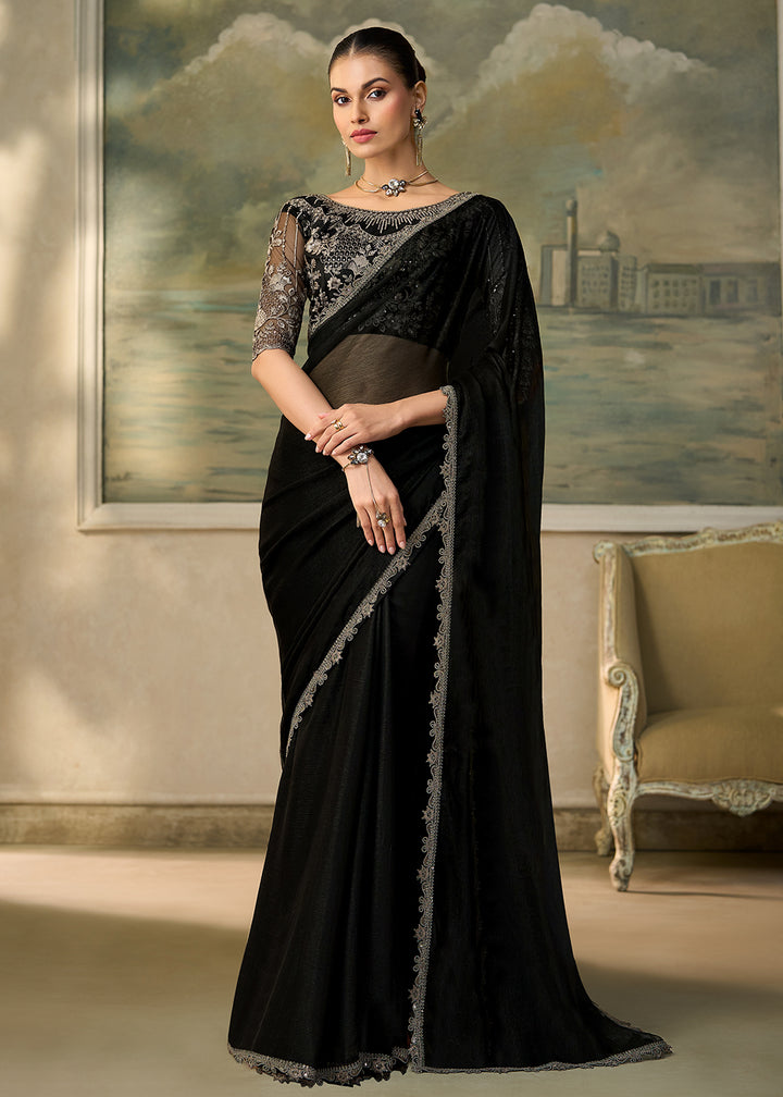 Buy Now Jet Black Embroidered Designer Party Wear Saree Online in US, UK, Canada, France, Germany, Denmark, Sweden, Italy, Greece, UAE &amp; Worldwide at Empress.