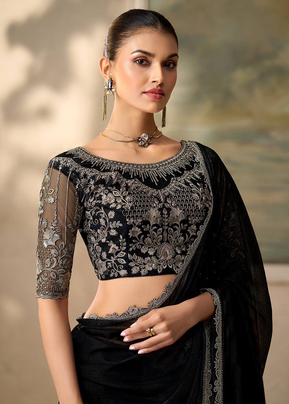 Buy Now Jet Black Embroidered Designer Party Wear Saree Online in US, UK, Canada, France, Germany, Denmark, Sweden, Italy, Greece, UAE & Worldwide at Empress.
