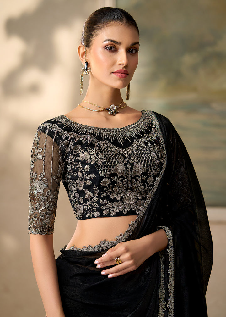 Buy Now Jet Black Embroidered Designer Party Wear Saree Online in US, UK, Canada, France, Germany, Denmark, Sweden, Italy, Greece, UAE &amp; Worldwide at Empress.