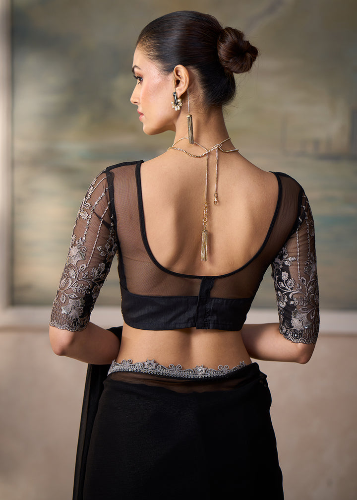 Buy Now Jet Black Embroidered Designer Party Wear Saree Online in US, UK, Canada, France, Germany, Denmark, Sweden, Italy, Greece, UAE &amp; Worldwide at Empress.
