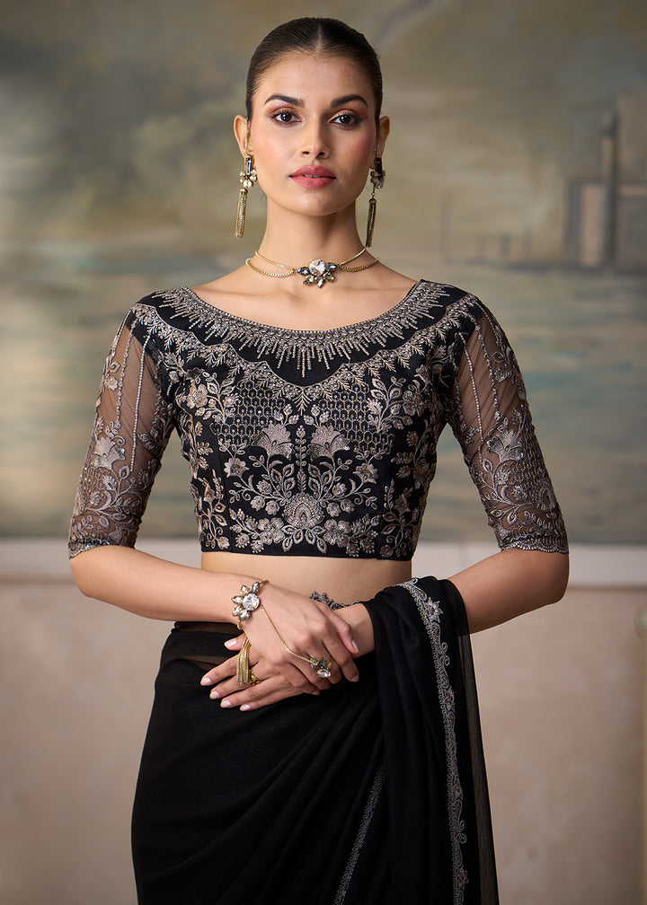 Buy Now Jet Black Embroidered Designer Party Wear Saree Online in US, UK, Canada, France, Germany, Denmark, Sweden, Italy, Greece, UAE &amp; Worldwide at Empress.