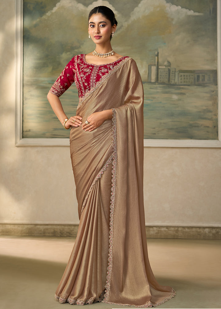 Buy Now Shimmer Gold Embroidered Designer Party Wear Saree Online in US, UK, Canada, France, Germany, Denmark, Sweden, Italy, Greece, UAE &amp; Worldwide at Empress.