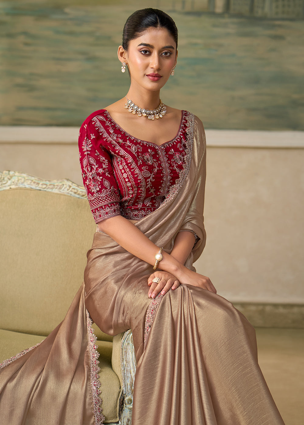 Buy Now Shimmer Gold Embroidered Designer Party Wear Saree Online in US, UK, Canada, France, Germany, Denmark, Sweden, Italy, Greece, UAE &amp; Worldwide at Empress.