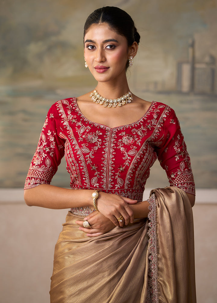 Buy Now Shimmer Gold Embroidered Designer Party Wear Saree Online in US, UK, Canada, France, Germany, Denmark, Sweden, Italy, Greece, UAE &amp; Worldwide at Empress.