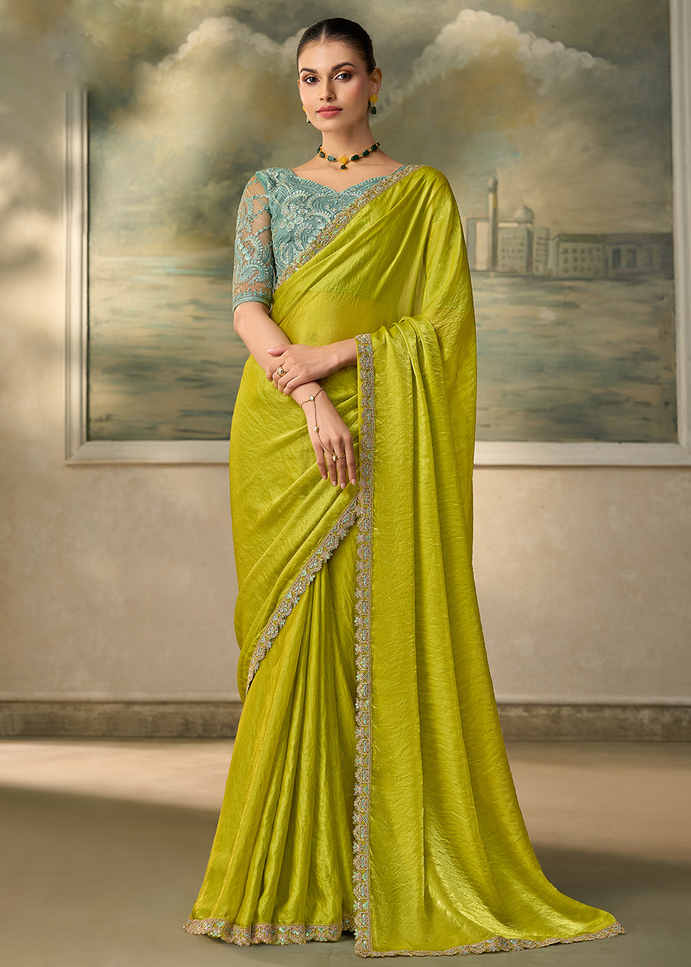 Buy Now Parrot Green Embroidered Designer Party Wear Saree Online in US, UK, Canada, France, Germany, Denmark, Sweden, Italy, Greece, UAE &amp; Worldwide at Empress