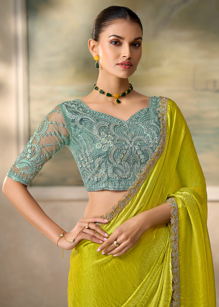 Buy Now Parrot Green Embroidered Designer Party Wear Saree Online in US, UK, Canada, France, Germany, Denmark, Sweden, Italy, Greece, UAE &amp; Worldwide at Empress