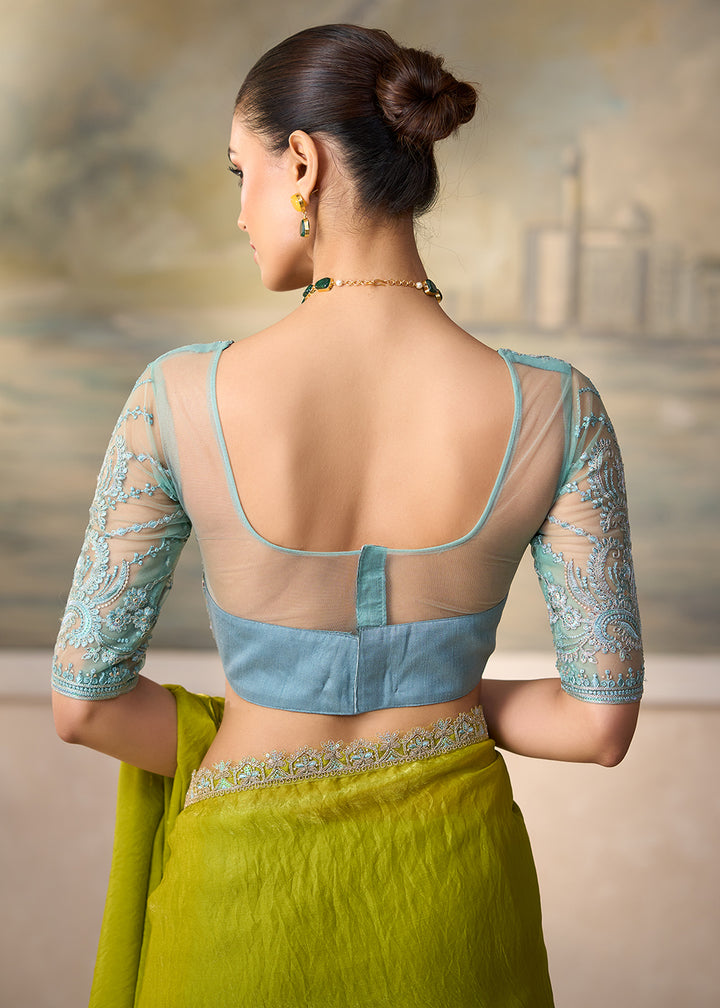 Buy Now Parrot Green Embroidered Designer Party Wear Saree Online in US, UK, Canada, France, Germany, Denmark, Sweden, Italy, Greece, UAE &amp; Worldwide at Empress