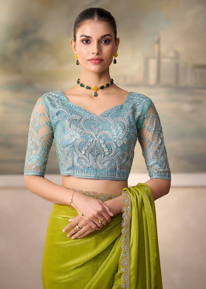 Buy Now Parrot Green Embroidered Designer Party Wear Saree Online in US, UK, Canada, France, Germany, Denmark, Sweden, Italy, Greece, UAE &amp; Worldwide at Empress