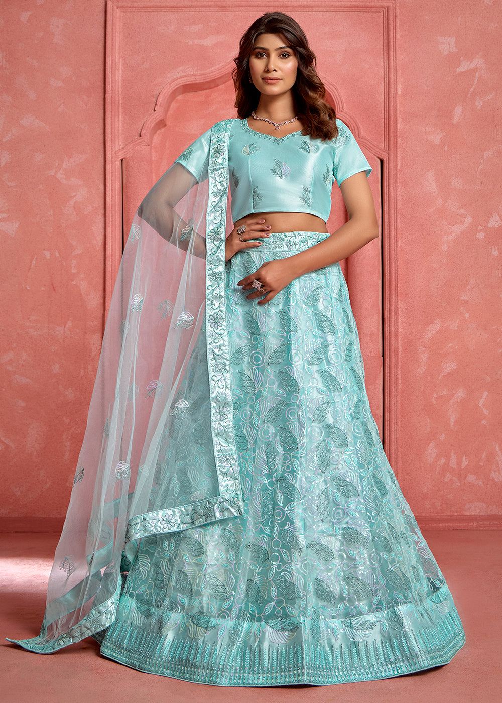 Buy Now Baby Blue Floral Embroidered Wedding Festive Lehenga Choli Online in USA, UK, Canada, France, UAE & Worldwide at Empress Clothing. 