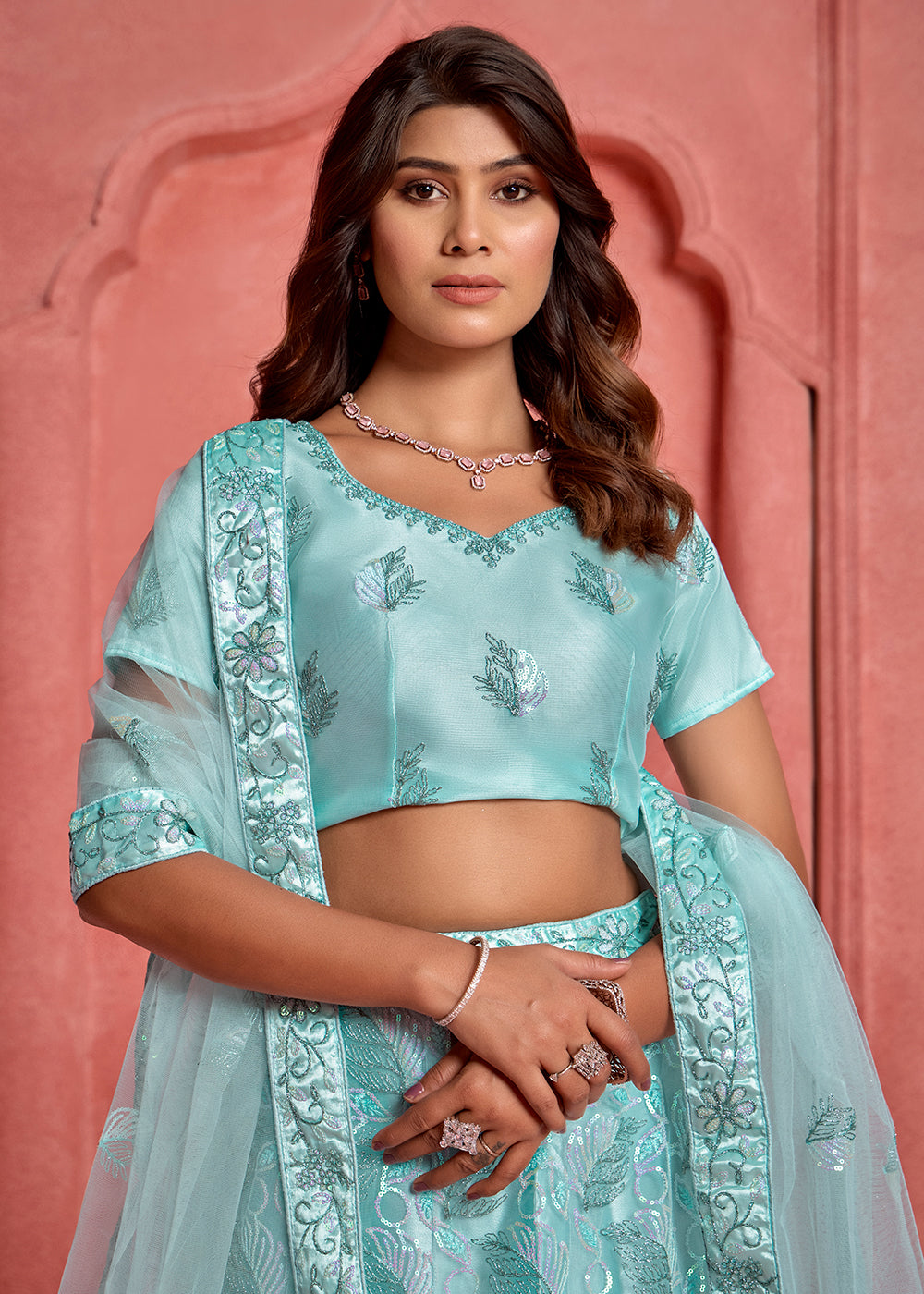 Buy Now Baby Blue Floral Embroidered Wedding Festive Lehenga Choli Online in USA, UK, Canada, France, UAE & Worldwide at Empress Clothing. 