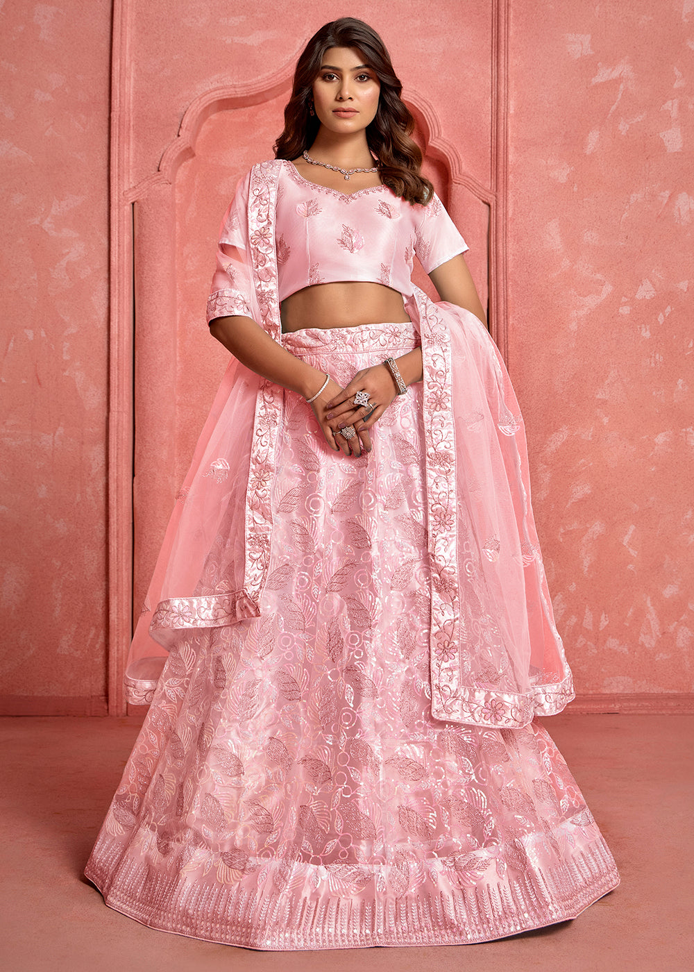 Buy Now Peach Floral Embroidered Wedding Festive Lehenga Choli Online in USA, UK, Canada, France, UAE & Worldwide at Empress Clothing