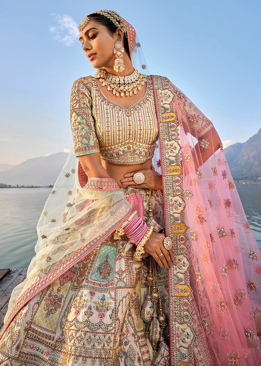 Buy Now Elegant Ivory Silk Embroidered Bridal Wear Lehenga Choli Online in USA, UK, Canada, France & Worldwide at Empress Clothing.