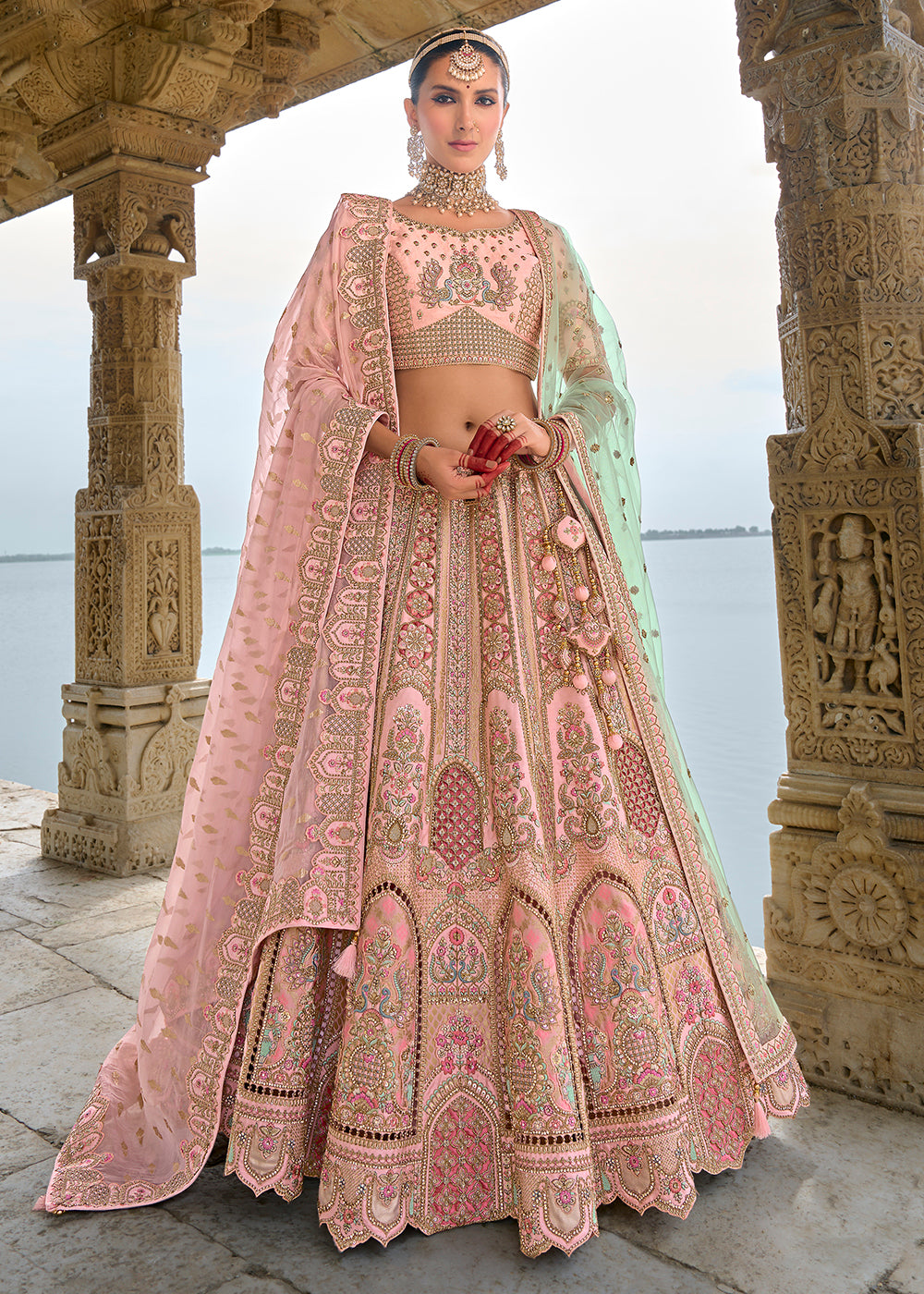 Buy Now Blush Pink Silk Embroidered Bridal Wear Lehenga Choli Online in USA, UK, Canada, France & Worldwide at Empress Clothing. 