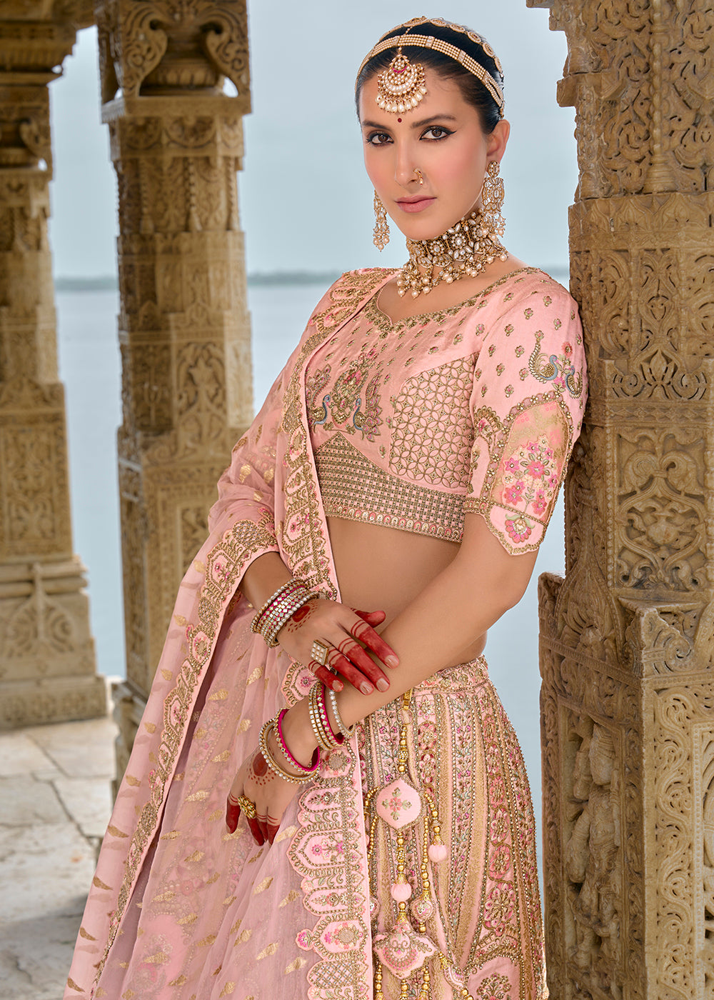 Buy Now Blush Pink Silk Embroidered Bridal Wear Lehenga Choli Online in USA, UK, Canada, France & Worldwide at Empress Clothing. 