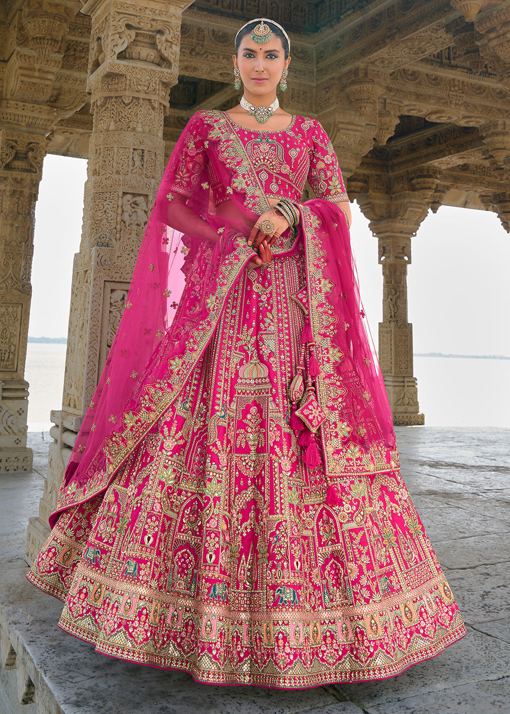 Buy Now Hot Pink Silk Embroidered Bridal Wear Lehenga Choli Online in USA, UK, Canada, France & Worldwide at Empress Clothing.