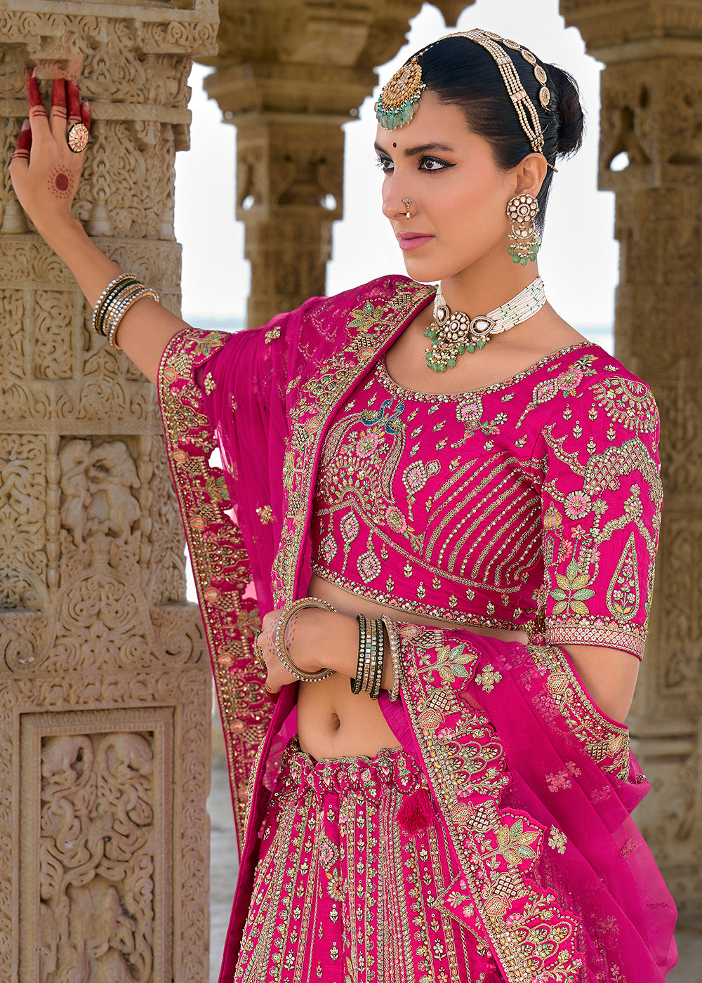 Buy Now Hot Pink Silk Embroidered Bridal Wear Lehenga Choli Online in USA, UK, Canada, France & Worldwide at Empress Clothing.