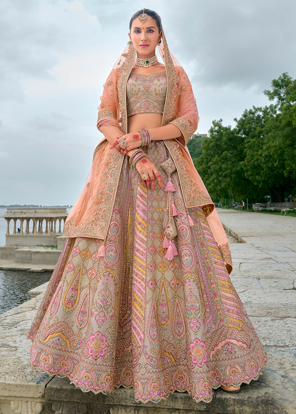 Buy Now Grey Pink Silk Embroidered Bridal Wear Lehenga Choli Online in USA, UK, Canada, France & Worldwide at Empress Clothing.