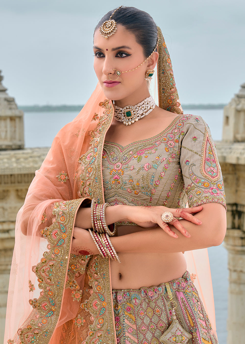 Buy Now Grey Pink Silk Embroidered Bridal Wear Lehenga Choli Online in USA, UK, Canada, France & Worldwide at Empress Clothing.