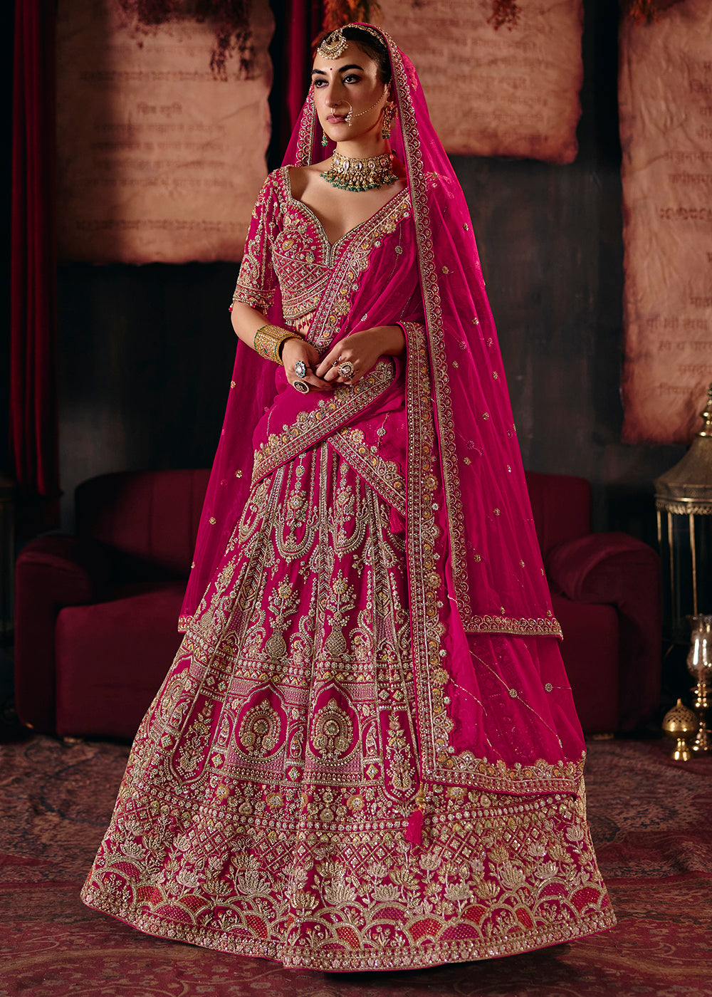 Shop Now Rani Heavy Embroidery with Double Dupatta Bridal Lehenga Choli Online in USA, UK, Canada, France, Germany, Austria, Italy, UAE &amp; Worldwide at Empress.