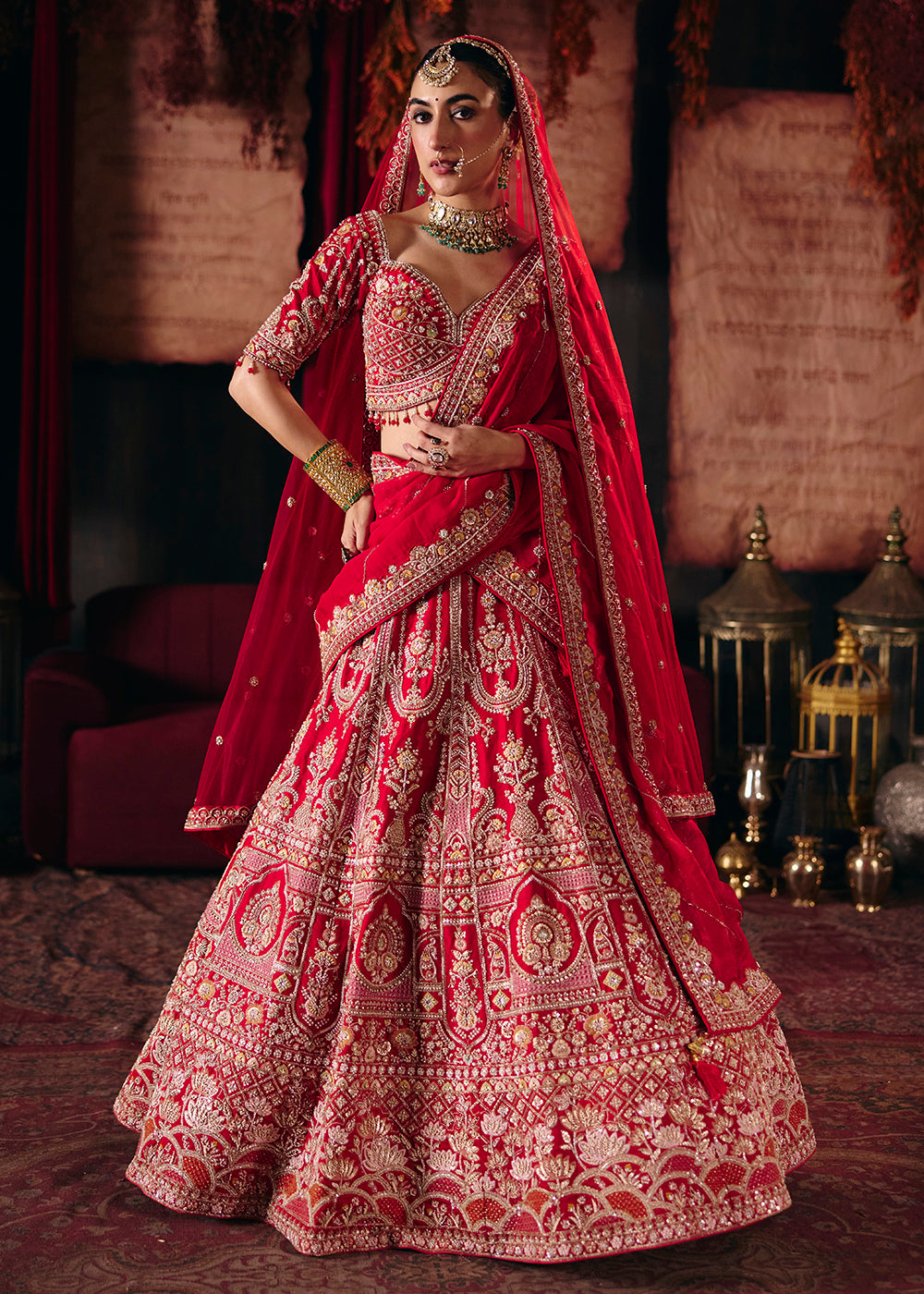 Shop Now Hot Red Heavy Embroidery with Double Dupatta Bridal Lehenga Choli Online in USA, UK, Canada, France, Germany, Austria, Italy &amp; Worldwide at Empress.