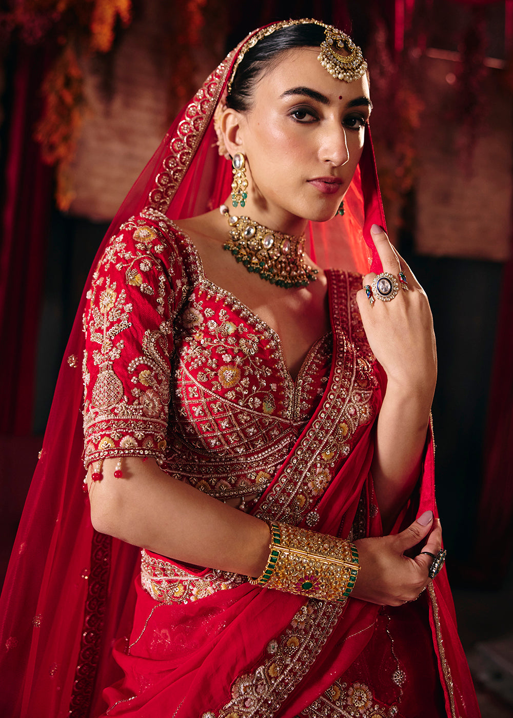 Shop Now Hot Red Heavy Embroidery with Double Dupatta Bridal Lehenga Choli Online in USA, UK, Canada, France, Germany, Austria, Italy &amp; Worldwide at Empress.