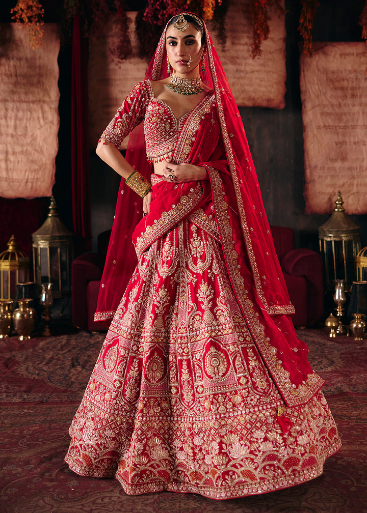 Shop Now Hot Red Heavy Embroidery with Double Dupatta Bridal Lehenga Choli Online in USA, UK, Canada, France, Germany, Austria, Italy &amp; Worldwide at Empress.