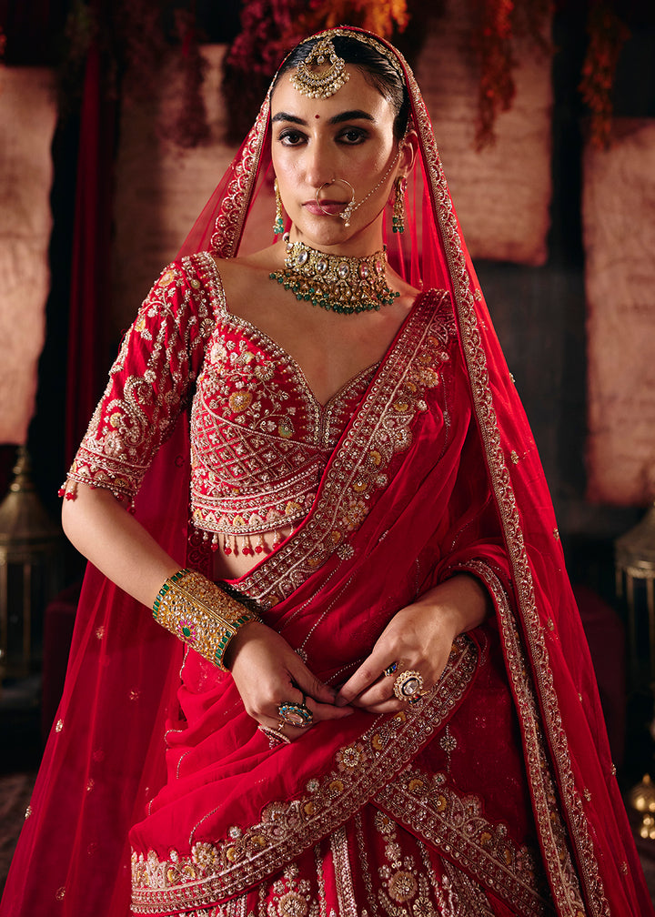 Shop Now Hot Red Heavy Embroidery with Double Dupatta Bridal Lehenga Choli Online in USA, UK, Canada, France, Germany, Austria, Italy &amp; Worldwide at Empress.