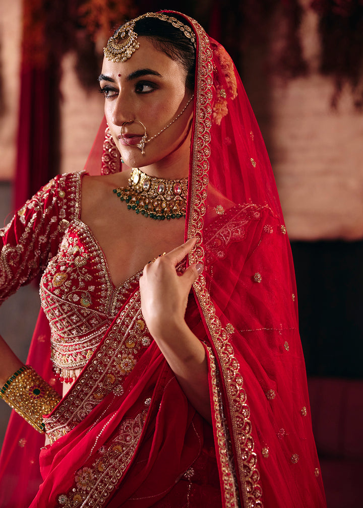 Shop Now Hot Red Heavy Embroidery with Double Dupatta Bridal Lehenga Choli Online in USA, UK, Canada, France, Germany, Austria, Italy &amp; Worldwide at Empress.