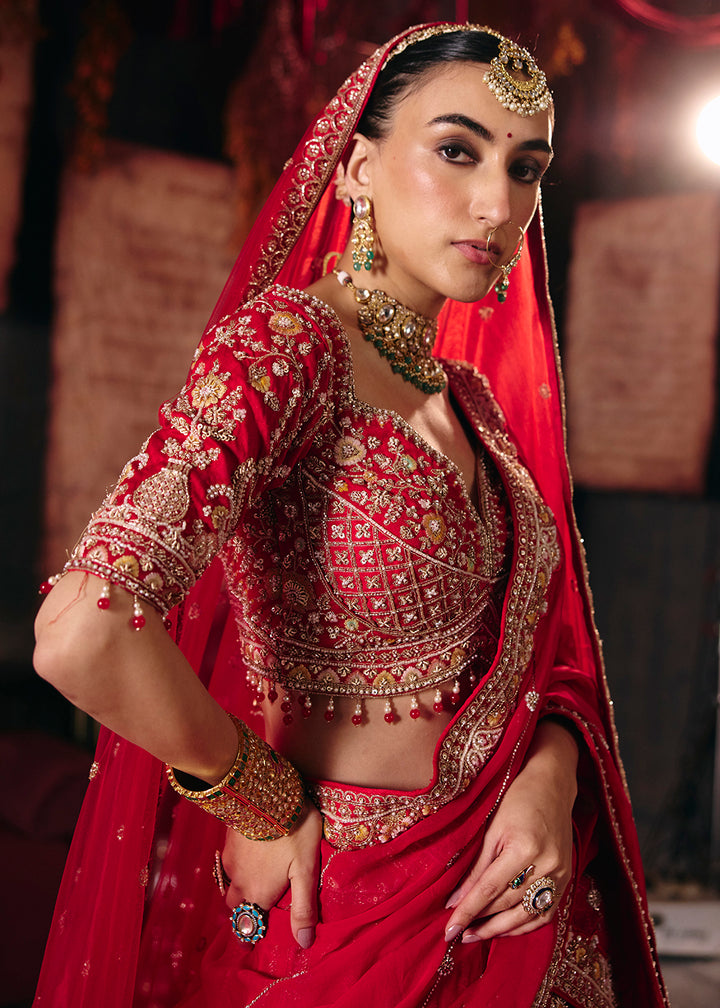 Hot Red Heavy Embroidery with Double Dupatta Bridal Lehenga Choli