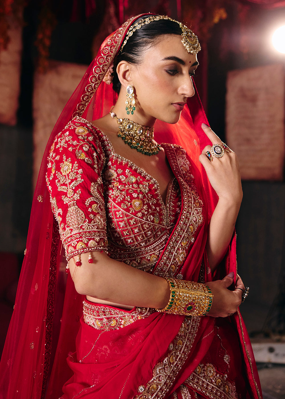 Shop Now Hot Red Heavy Embroidery with Double Dupatta Bridal Lehenga Choli Online in USA, UK, Canada, France, Germany, Austria, Italy &amp; Worldwide at Empress.