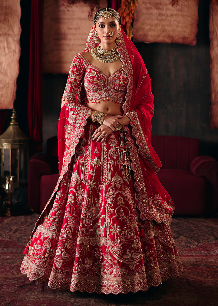 Shop Now Red Heavy Embroidery with Double Dupatta Bridal Lehenga Choli Online in USA, UK, Canada, France, Germany, Austria, Italy, UAE &amp; Worldwide at Empress.