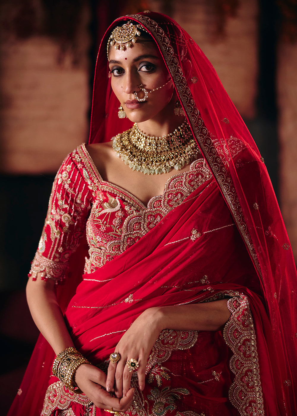 Shop Now Red Heavy Embroidery with Double Dupatta Bridal Lehenga Choli Online in USA, UK, Canada, France, Germany, Austria, Italy, UAE &amp; Worldwide at Empress.