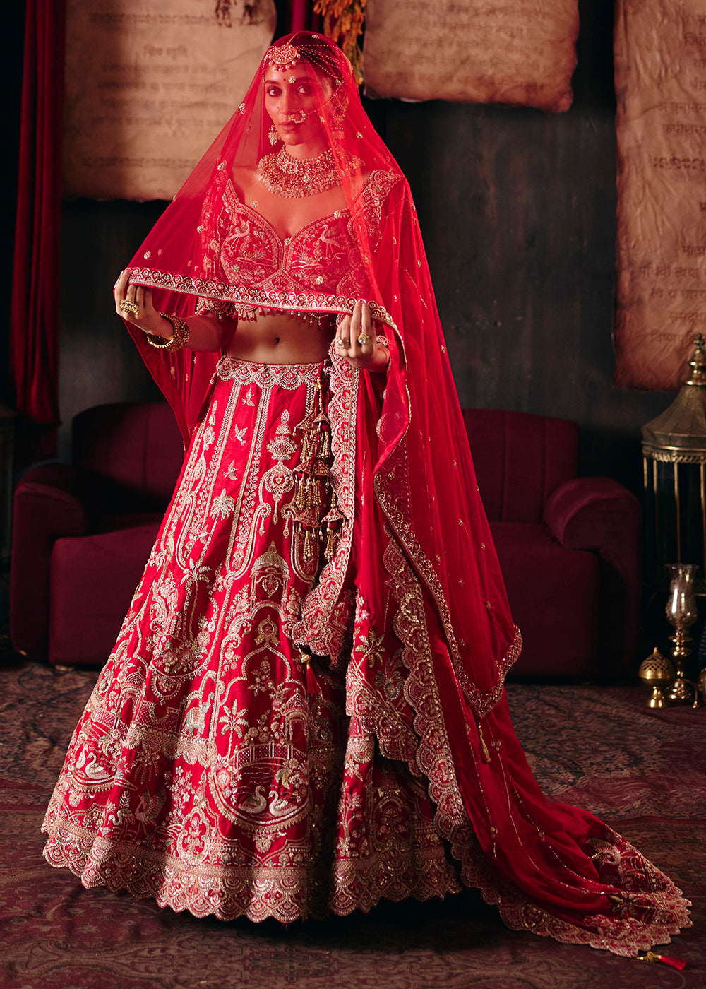 Shop Now Red Heavy Embroidery with Double Dupatta Bridal Lehenga Choli Online in USA, UK, Canada, France, Germany, Austria, Italy, UAE &amp; Worldwide at Empress.