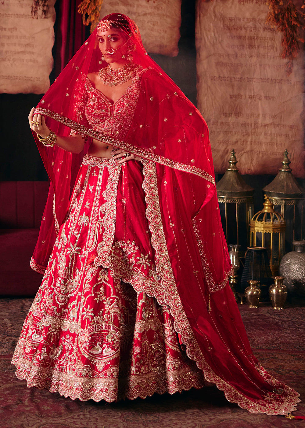 Shop Now Red Heavy Embroidery with Double Dupatta Bridal Lehenga Choli Online in USA, UK, Canada, France, Germany, Austria, Italy, UAE &amp; Worldwide at Empress.